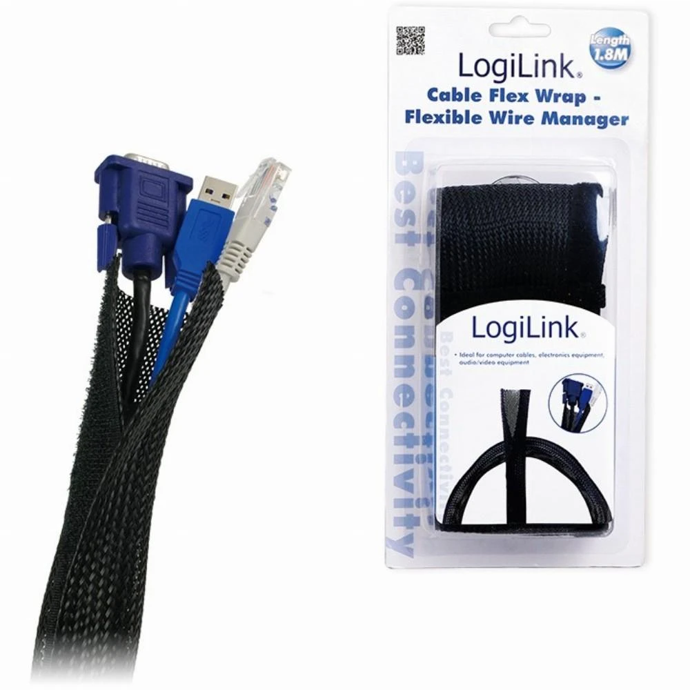 LogiLink Cable Flex Wrap | KAB0006 | Lankstus ir minkštas kabelių kanalas. Patikimai sujungia ir apsaugo laidus. Iškirpti iki reikiamo ilgio. Velcro užsegimas. Su antipireno funkcija. Ryšulio skersmuo 32 mm. | Juodas | 1,8 m
