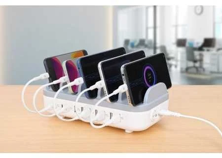 Manhattan įkrovimo stotis, 10x prievadų: 3x USB-C (iki 18W PD) ir 7x USB-A (iki 12W), 120W bendra išvestis, Baltas/Pilkas, Trejų metų garantija, dėžutė