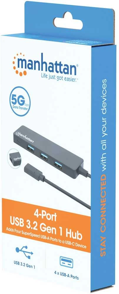 „Manhattan Manhatta“ 4 prievadų USB 3.2 Gen 1 šakotuvas, USB-C nuo 4 USB-A lizdų, 5 Gbps perdavimo sparta, maitinamas autobusu, Juodas, 164924