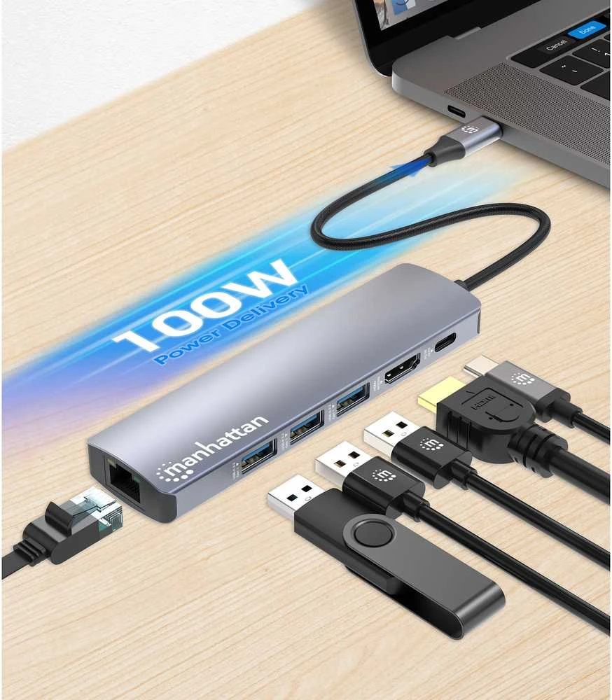 Šakotuvas Manhattan 153959 knyginių kompiuterių dokas / jungčių replikatorius Vielinis USB 3.2 Gen 1 (3.1 Gen 1) Type-C Sidabras