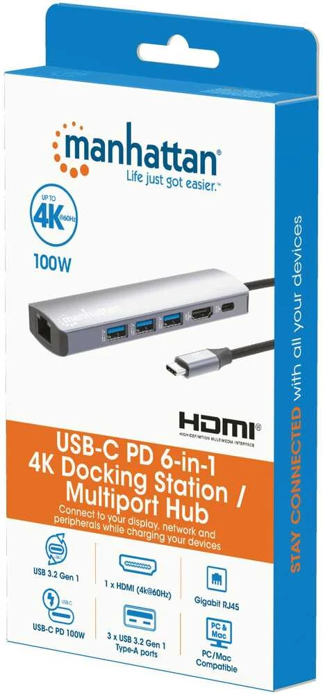Šakotuvas Manhattan 153959 knyginių kompiuterių dokas / jungčių replikatorius Vielinis USB 3.2 Gen 1 (3.1 Gen 1) Type-C Sidabras