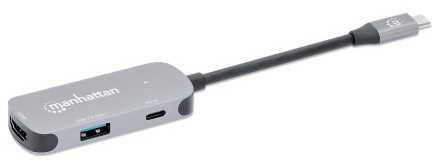 HUB USB Manhattan MANHATTAN USB-C 3-in-1 Konverter mit Power Delivery USB 3.2 Typ-C-Stecker auf HDMI 4K30Hz USB-A 5Gbit/s und USB-C PD 100W Alu Grau