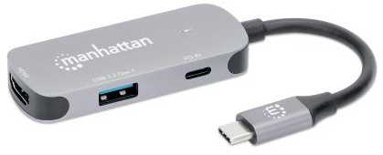 HUB USB Manhattan MANHATTAN USB-C 3-in-1 Konverter mit Power Delivery USB 3.2 Typ-C-Stecker auf HDMI 4K30Hz USB-A 5Gbit/s und USB-C PD 100W Alu Grau