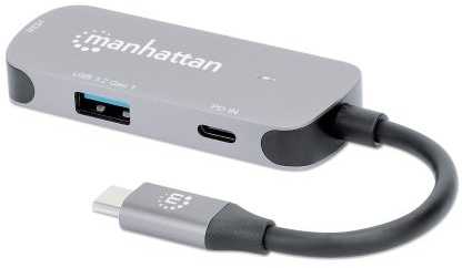 HUB USB Manhattan MANHATTAN USB-C 3-in-1 Konverter mit Power Delivery USB 3.2 Typ-C-Stecker auf HDMI 4K30Hz USB-A 5Gbit/s und USB-C PD 100W Alu Grau