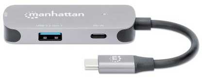 HUB USB Manhattan MANHATTAN USB-C 3-in-1 Konverter mit Power Delivery USB 3.2 Typ-C-Stecker auf HDMI 4K30Hz USB-A 5Gbit/s und USB-C PD 100W Alu Grau