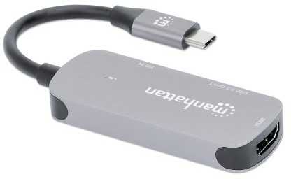 HUB USB Manhattan MANHATTAN USB-C 3-in-1 Konverter mit Power Delivery USB 3.2 Typ-C-Stecker auf HDMI 4K30Hz USB-A 5Gbit/s und USB-C PD 100W Alu Grau