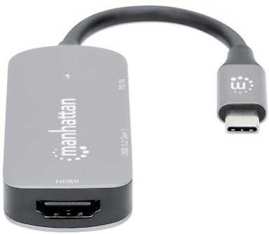 HUB USB Manhattan MANHATTAN USB-C 3-in-1 Konverter mit Power Delivery USB 3.2 Typ-C-Stecker auf HDMI 4K30Hz USB-A 5Gbit/s und USB-C PD 100W Alu Grau