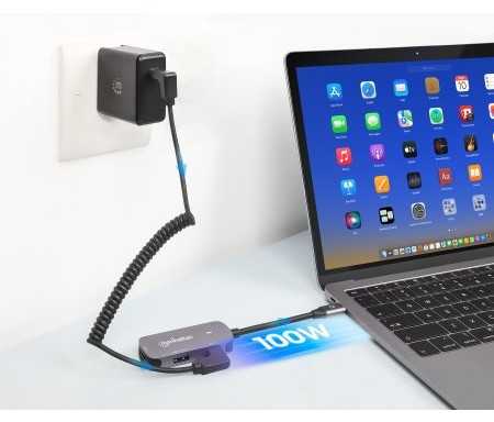 HUB USB Manhattan MANHATTAN USB-C 3-in-1 Konverter mit Power Delivery USB 3.2 Typ-C-Stecker auf HDMI 4K30Hz USB-A 5Gbit/s und USB-C PD 100W Alu Grau