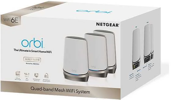 Maršrutizatorius NETGEAR Orbi Quad-band RBKE963 AXE11000 WiFi 6E tinklelio sistema, pilka, balta, vidinė, maitinimas, Wi-Fi 6 (802.11ax), 802.11a, 802.11b, 802.11g, Wi-Fi 4 (802.11ac), 162.11ac. Wi-Fi 6E..., 1200 Mbit/s