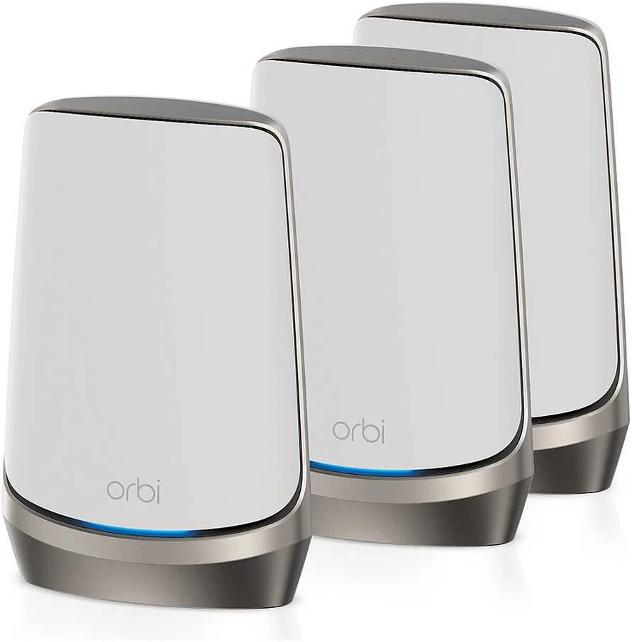 Maršrutizatorius NETGEAR Orbi Quad-band RBKE963 AXE11000 WiFi 6E tinklelio sistema, pilka, balta, vidinė, maitinimas, Wi-Fi 6 (802.11ax), 802.11a, 802.11b, 802.11g, Wi-Fi 4 (802.11ac), 162.11ac. Wi-Fi 6E..., 1200 Mbit/s