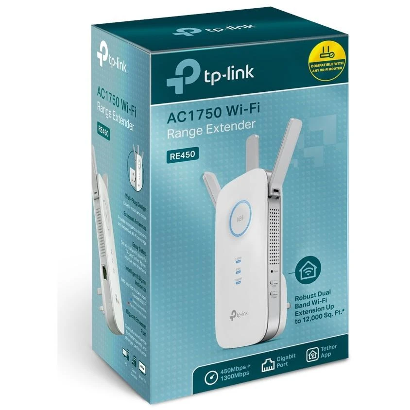 TP-LINK AC1750 dviejų juostų belaidis sieninis diapazono plėstuvas Qualcomm 1300Mbps esant 5GHz + 450Mbps esant 2,4Ghz 802.11ac/a/b/g/n