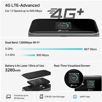 Maršrutizatorius TP-Link M7750 router mobilny 4G LTE Cat 12 do 600 Mbit/s 15h pracy roaming