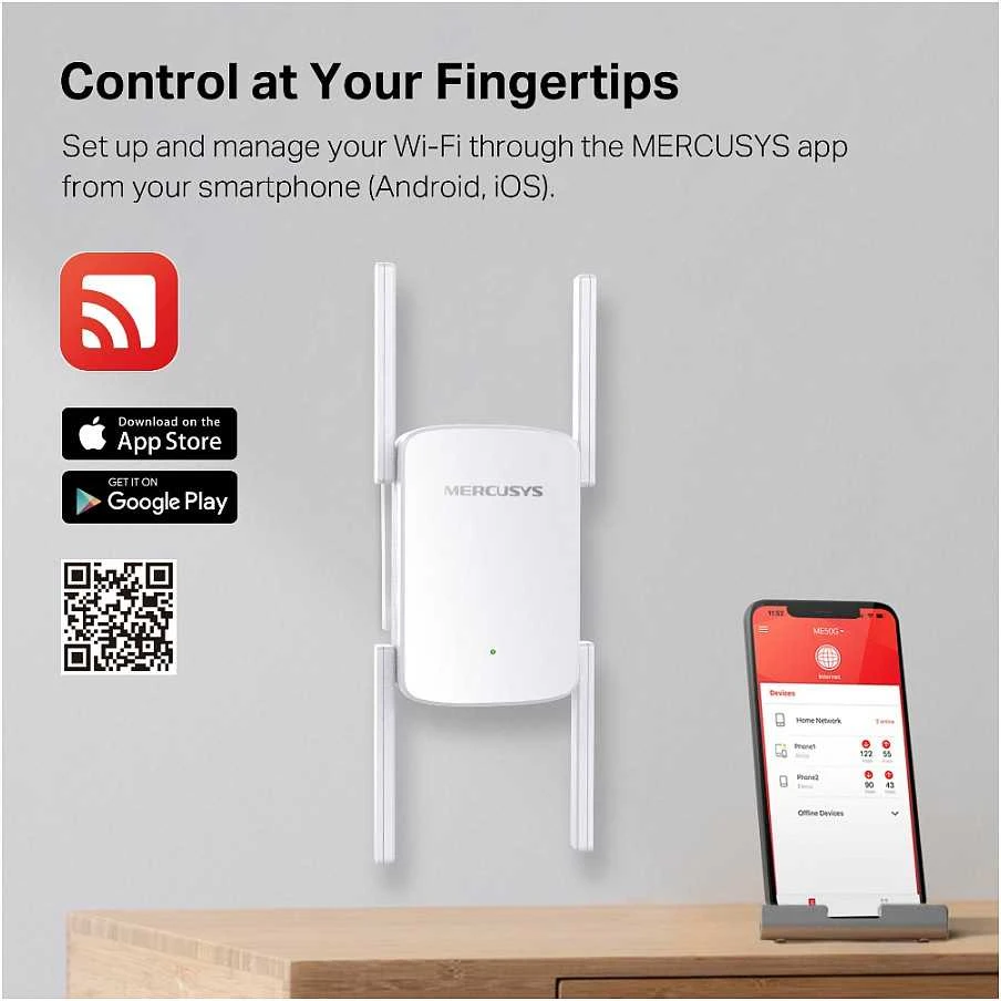 Maršrutizatorius Mercusys | AC1900 Wi-Fi diapazono plėstuvas | ME50G | 802.11ac | Tinklelio atramos Nr. | 600+1300 Mbit/s | 10/100/1000 Mbit/s | Ethernet LAN (RJ-45) jungtys 1 | Nėra mobiliojo plačiajuosčio ryšio | MU-MiMO Nr. | nėra PoE | Antenos tipas Išorinė