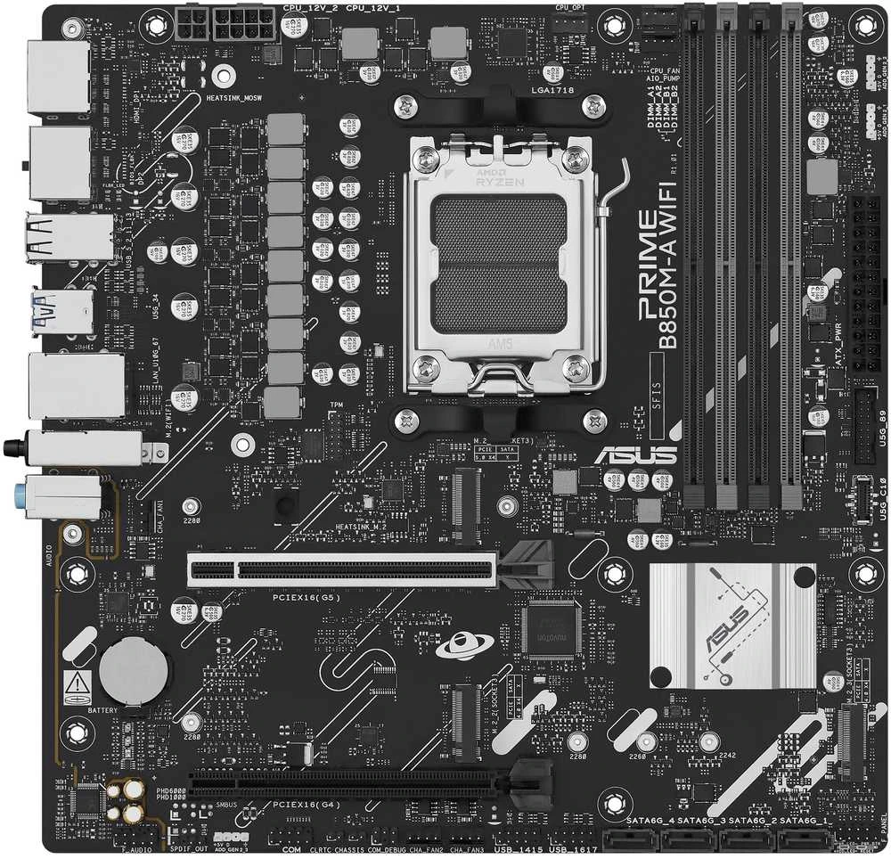 Pagrindinė plokštė Asus PRIME B850M-A WIFI | Procesorių šeima AMD | Procesoriaus lizdas AM5 | DDR5 | Palaikomos kietojo disko sąsajos SATA, M.2 | SATA jungčių skaičius 4