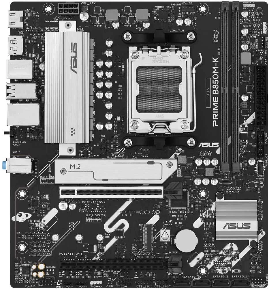 Pagrindinė plokštė Asus PRIME B850M-K | Procesorių šeima AMD | Procesoriaus lizdas AM5 | DDR5 | Palaikomos standžiojo disko sąsajos SATA, M.2 | SATA jungčių skaičius 4
