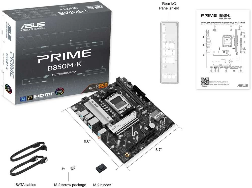 Pagrindinė plokštė Asus PRIME B850M-K | Procesorių šeima AMD | Procesoriaus lizdas AM5 | DDR5 | Palaikomos standžiojo disko sąsajos SATA, M.2 | SATA jungčių skaičius 4