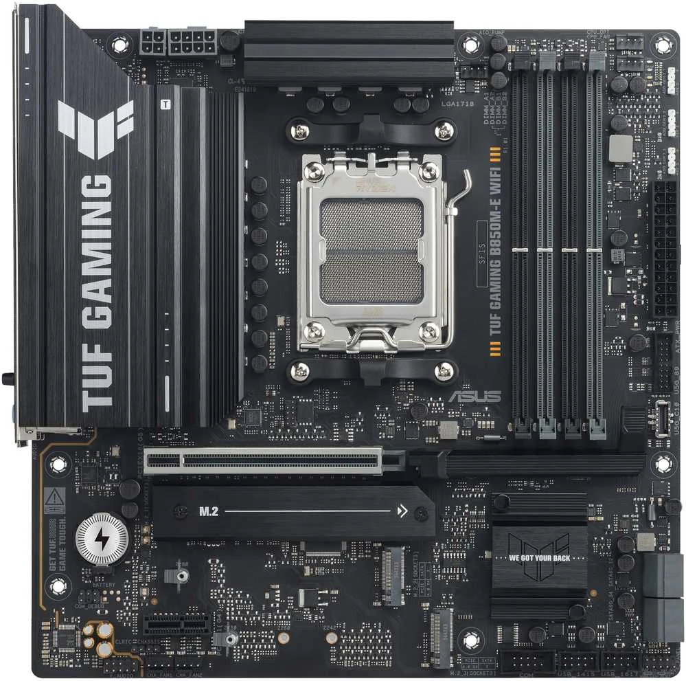 ASUS TUF GAMING B850M-E WIFI AMD AM5 mATX pagrindinė plokštė 4xDDR5 PCIe 5.0 3xM.2 1xHDMI 1xDisplayPort 4xSATA