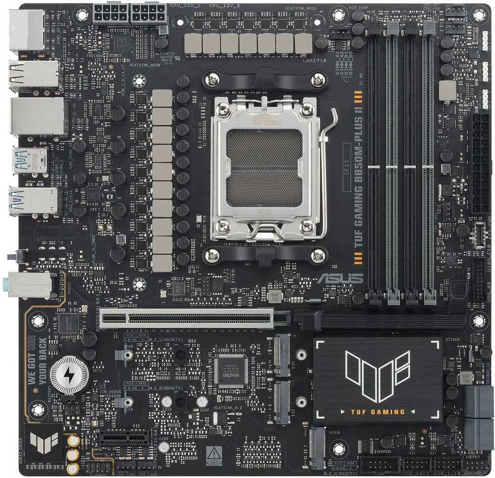 Pagrindinė plokštė „Asus TUF GAMING B850M-PLUS II“ | Procesorių šeima AMD | Procesoriaus lizdas AM5 | DDR5 | Palaikomos standžiojo disko sąsajos SATA, M.2 | SATA jungčių skaičius 4