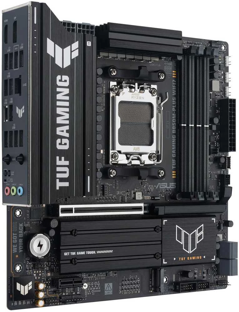 Pagrindinė plokštė „Asus TUF GAMING B850M-PLUS WIFI7“ | Procesorių šeima AMD | Procesoriaus lizdas AM5 | DDR5 | Palaikomos standžiojo disko sąsajos SATA, M.2 | SATA jungčių skaičius 4