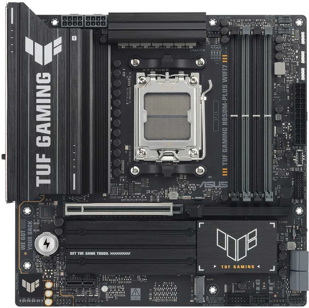 Pagrindinė plokštė „Asus TUF GAMING B850M-PLUS WIFI7“ | Procesorių šeima AMD | Procesoriaus lizdas AM5 | DDR5 | Palaikomos standžiojo disko sąsajos SATA, M.2 | SATA jungčių skaičius 4