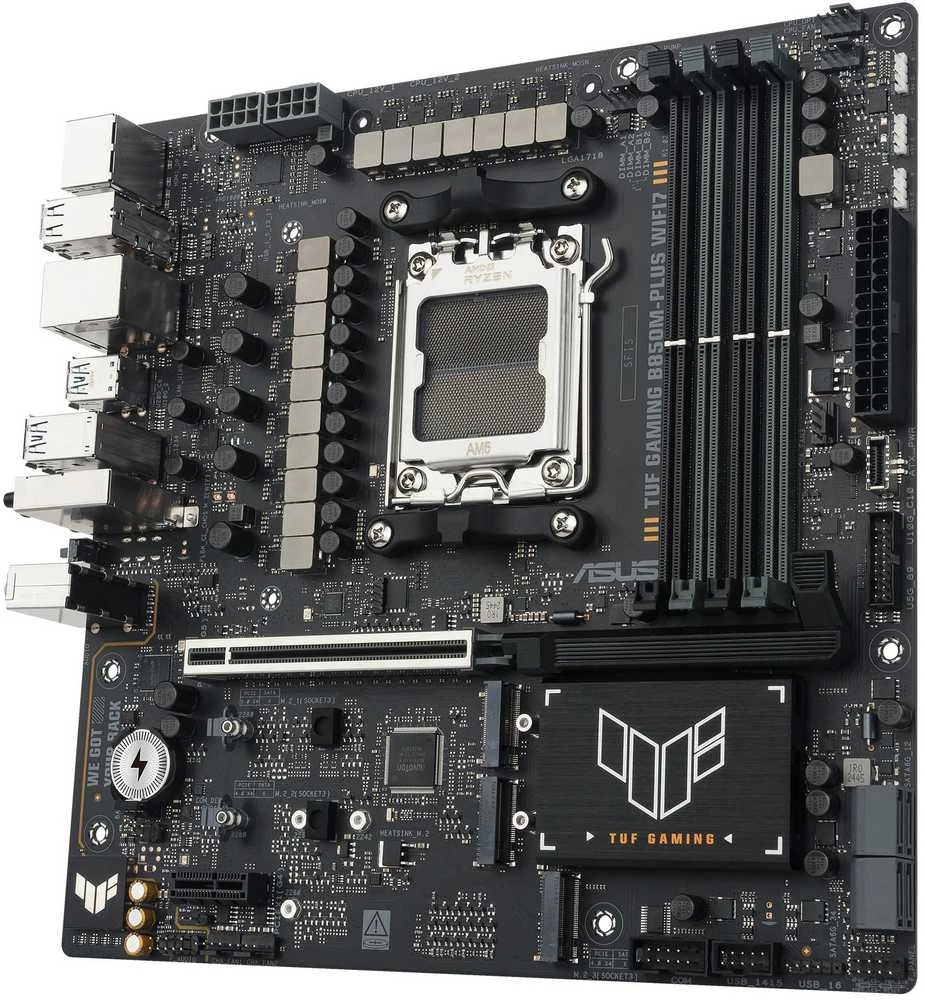 Pagrindinė plokštė „Asus TUF GAMING B850M-PLUS WIFI7“ | Procesorių šeima AMD | Procesoriaus lizdas AM5 | DDR5 | Palaikomos standžiojo disko sąsajos SATA, M.2 | SATA jungčių skaičius 4