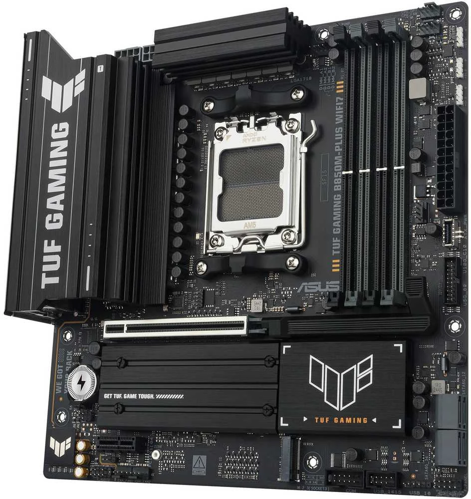 Pagrindinė plokštė „Asus TUF GAMING B850M-PLUS WIFI7“ | Procesorių šeima AMD | Procesoriaus lizdas AM5 | DDR5 | Palaikomos standžiojo disko sąsajos SATA, M.2 | SATA jungčių skaičius 4