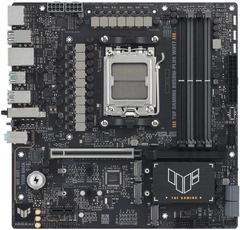 Pagrindinė plokštė „Asus TUF GAMING B850M-PLUS WIFI7“ | Procesorių šeima AMD | Procesoriaus lizdas AM5 | DDR5 | Palaikomos standžiojo disko sąsajos SATA, M.2 | SATA jungčių skaičius 4