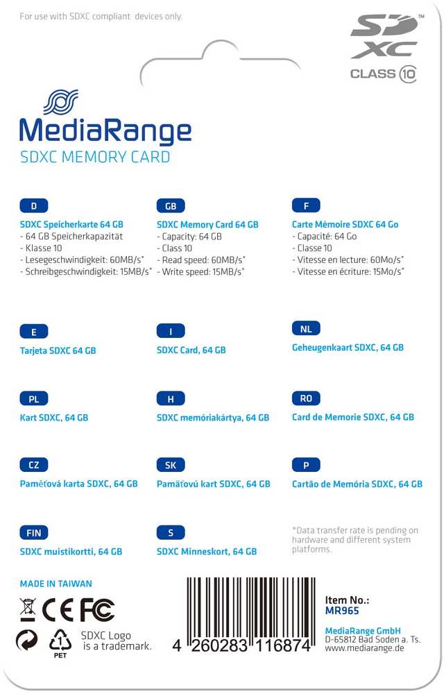 Atminties kortelė MediaRange SDHC 64GB Class10