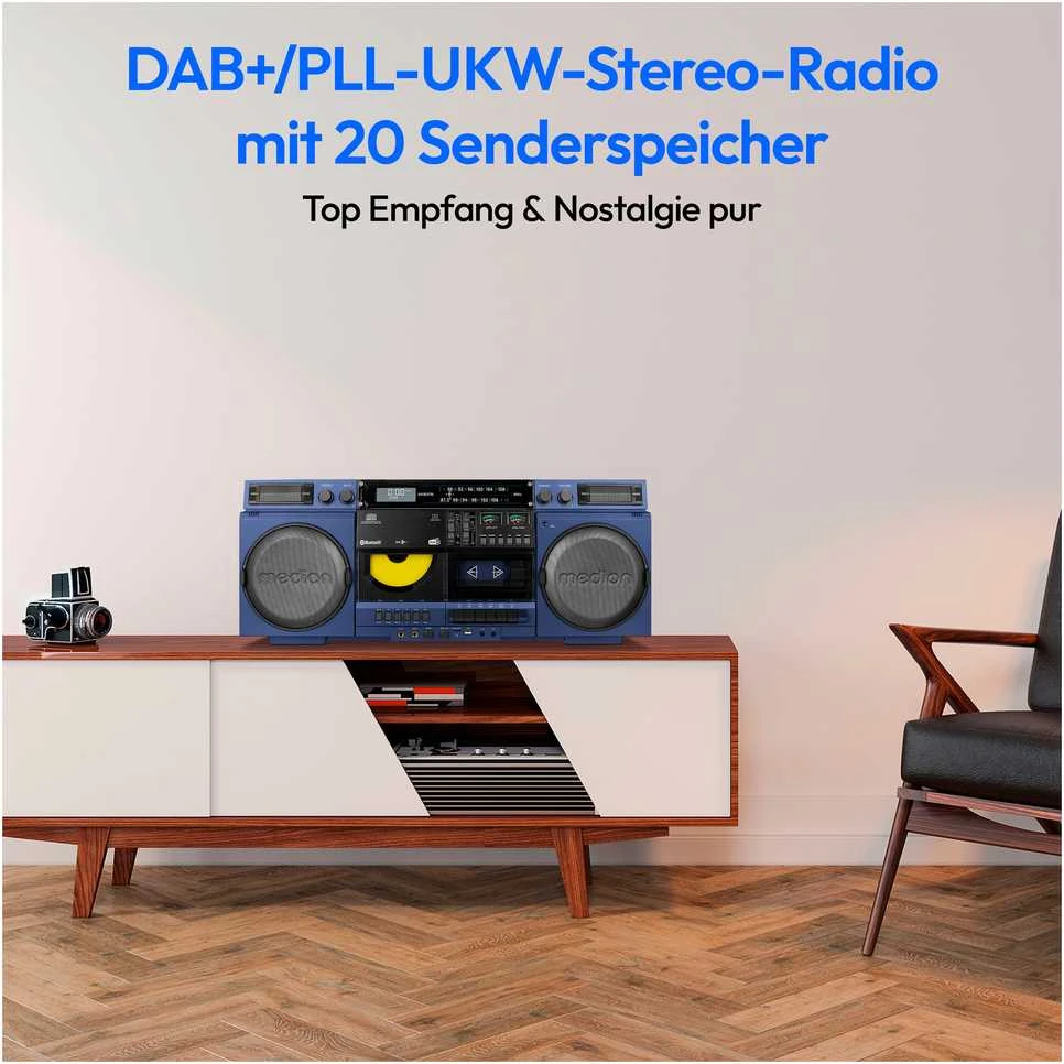 Mėlynas Medion retro grotuvas su DAB+ radiju