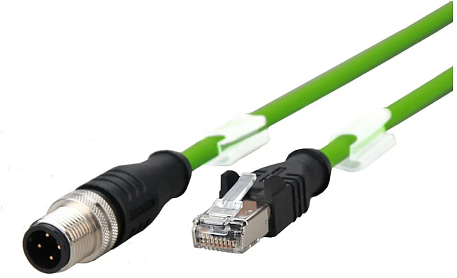 Metz Connect Kabelis połączeniowy M12 męski-RJ45 męski, 4-biegunowy su kodem D, prosty, łańcuch nadążny, moment sukamasis, 2 m