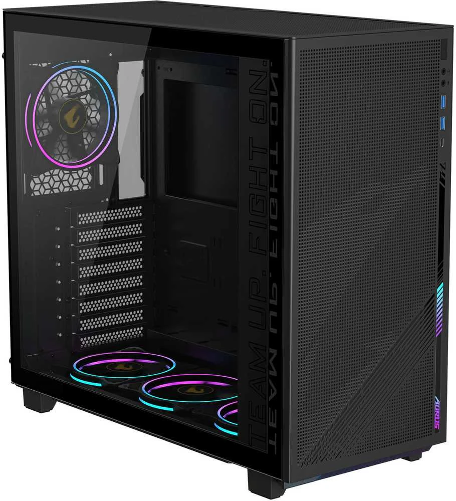 „GIGABYTE AC400G“ kompiuterio korpusas, pilno dydžio grūdinto stiklo šoninis skydelis su 2xUSB 3.0 iš anksto įdiegtais, 4 ARGB ir PWM ventiliatoriais, ATX/M-ATX/Mini-ITX