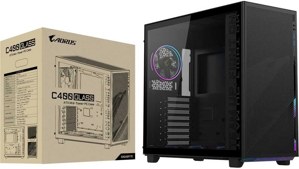 „GIGABYTE AC400G“ kompiuterio korpusas, pilno dydžio grūdinto stiklo šoninis skydelis su 2xUSB 3.0 iš anksto įdiegtais, 4 ARGB ir PWM ventiliatoriais, ATX/M-ATX/Mini-ITX