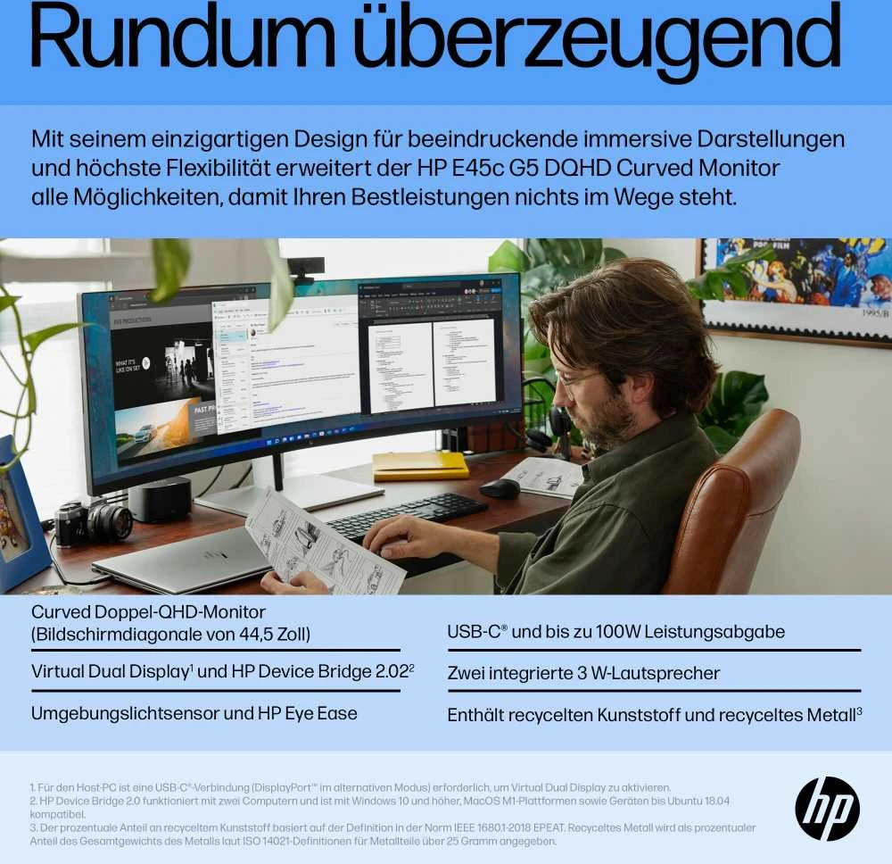 Hewlett Packard (HP) HP E45c G5 5K lenktas įkrovimo monitorius – 44,5" 5120x1440 5K DQHD 400 nitų 165 Hz AG, lenktas, VA, 2x USB-C(65W)/HDMI/DisplayPort, 4x USB-A, 45 garsiakalbiai LAN, reguliuojamas aukštis / pakreiptas / pasukamas, 3 metai