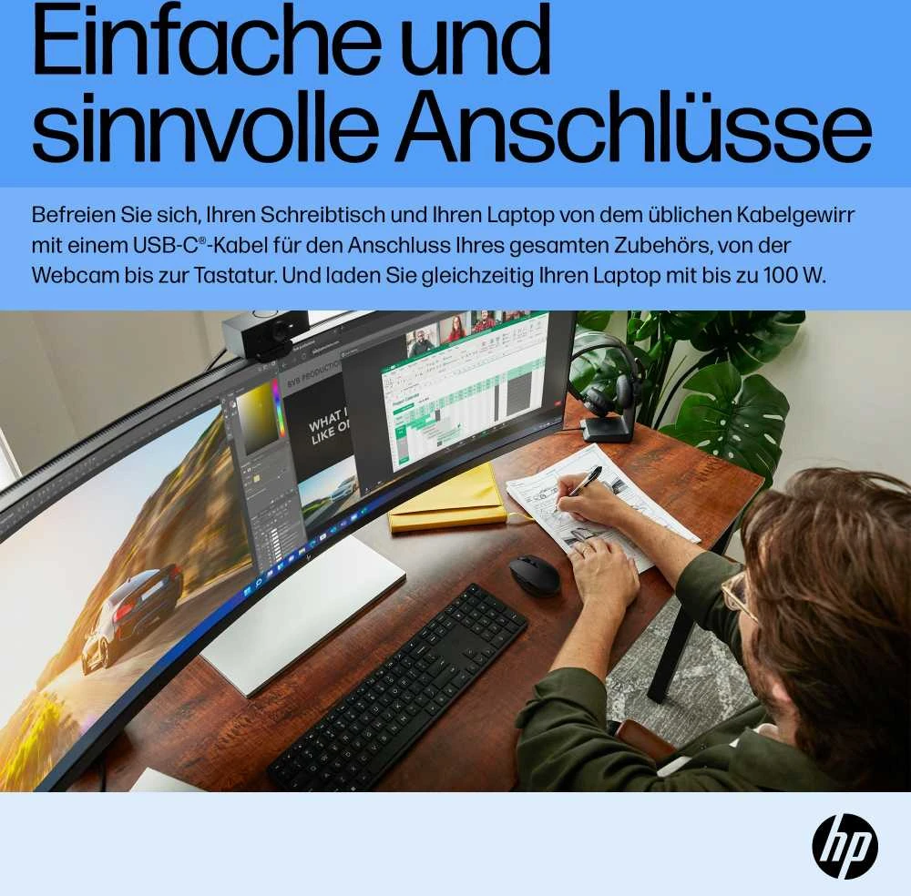 Hewlett Packard (HP) HP E45c G5 5K lenktas įkrovimo monitorius – 44,5" 5120x1440 5K DQHD 400 nitų 165 Hz AG, lenktas, VA, 2x USB-C(65W)/HDMI/DisplayPort, 4x USB-A, 45 garsiakalbiai LAN, reguliuojamas aukštis / pakreiptas / pasukamas, 3 metai