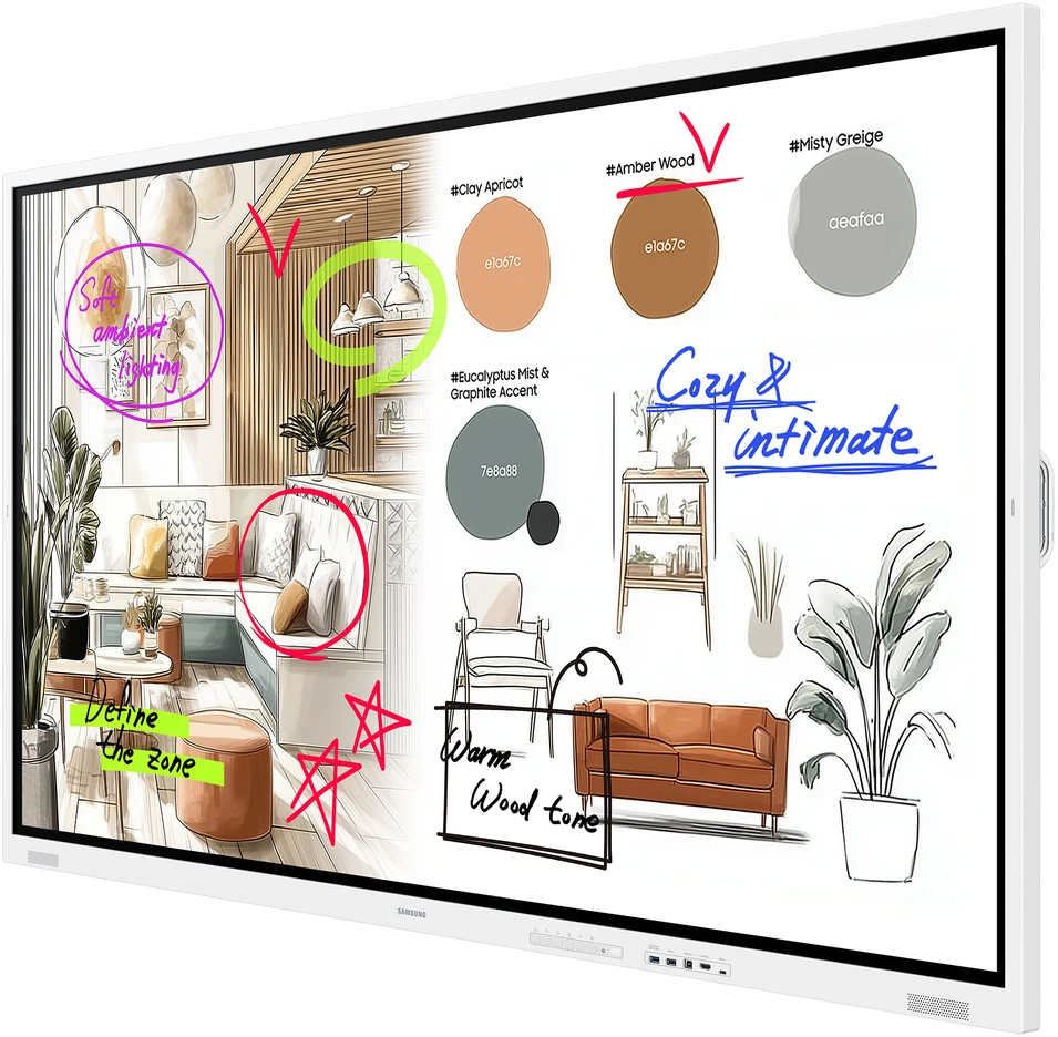 Monitorius SAMSUNG FLIP PRO DIGITAL FLIPBOARD, WM75F-X, 75" UHD, FRONT (USB-C PD 65W, USB SOC, USB HUB) REAR (HDMI IN/OUT, TOUCH OUT, USB 3.0, LAN, AUDIO, OPS), WIFI WPA2 ENTERPRISE, BLUETOOTH, RS-232, TIZEN 9 (8GB RAM/64GB STORAGE) SOC, SPEAKERS (4X10W), 400X400 VESA, Baltas GRAY