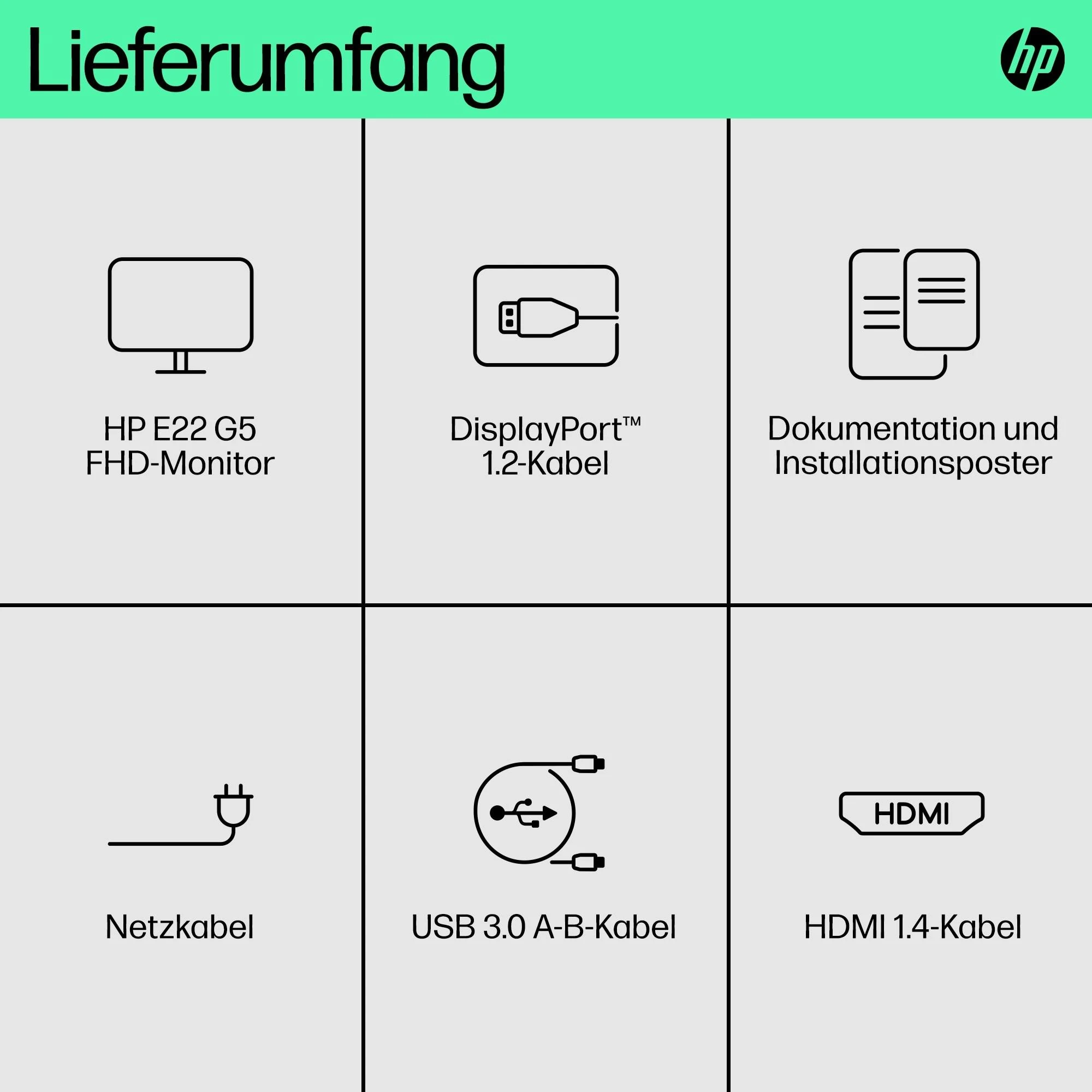 Hewlett Packard (HP) HP E22 G5 FHD monitorius – 21,5 colio 1920x1080 FHD 250 nitų 75 Hz AG, IPS, HDMI/DisplayPort, 4x USB-A, reguliuojamas aukštis / pakreipimas / pasukamas / pasukamas, 3 metai