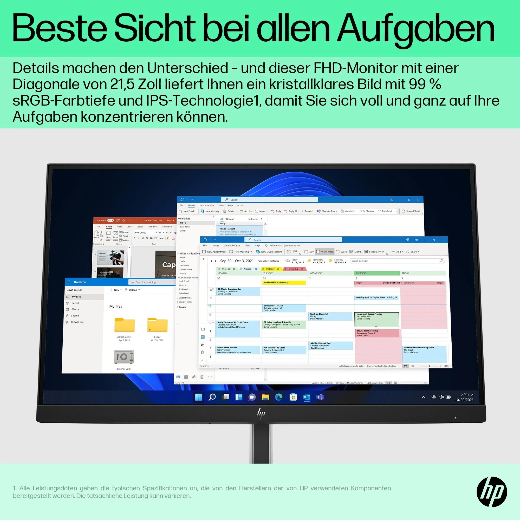 Hewlett Packard (HP) HP E22 G5 FHD monitorius – 21,5 colio 1920x1080 FHD 250 nitų 75 Hz AG, IPS, HDMI/DisplayPort, 4x USB-A, reguliuojamas aukštis / pakreipimas / pasukamas / pasukamas, 3 metai
