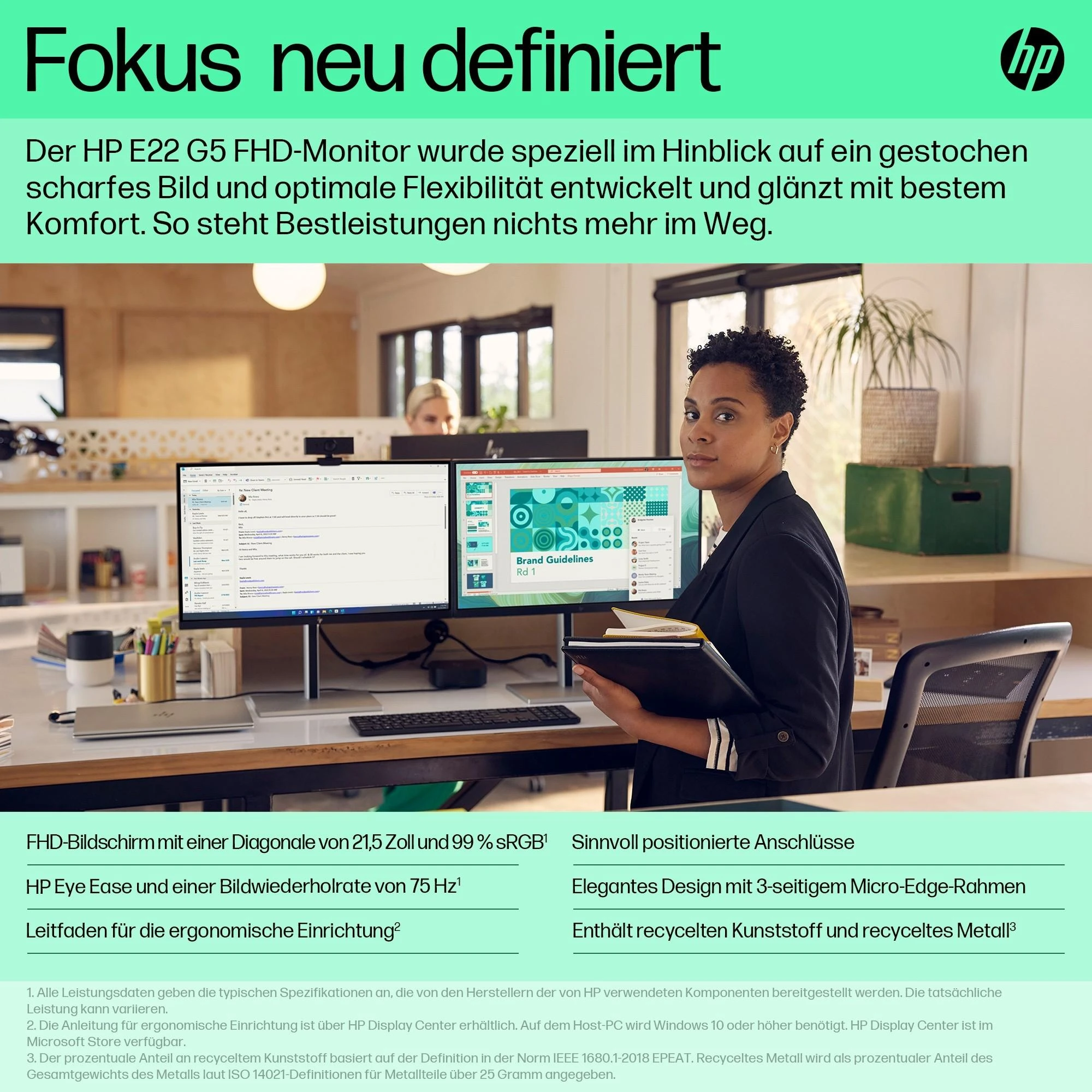 Hewlett Packard (HP) HP E22 G5 FHD monitorius – 21,5 colio 1920x1080 FHD 250 nitų 75 Hz AG, IPS, HDMI/DisplayPort, 4x USB-A, reguliuojamas aukštis / pakreipimas / pasukamas / pasukamas, 3 metai