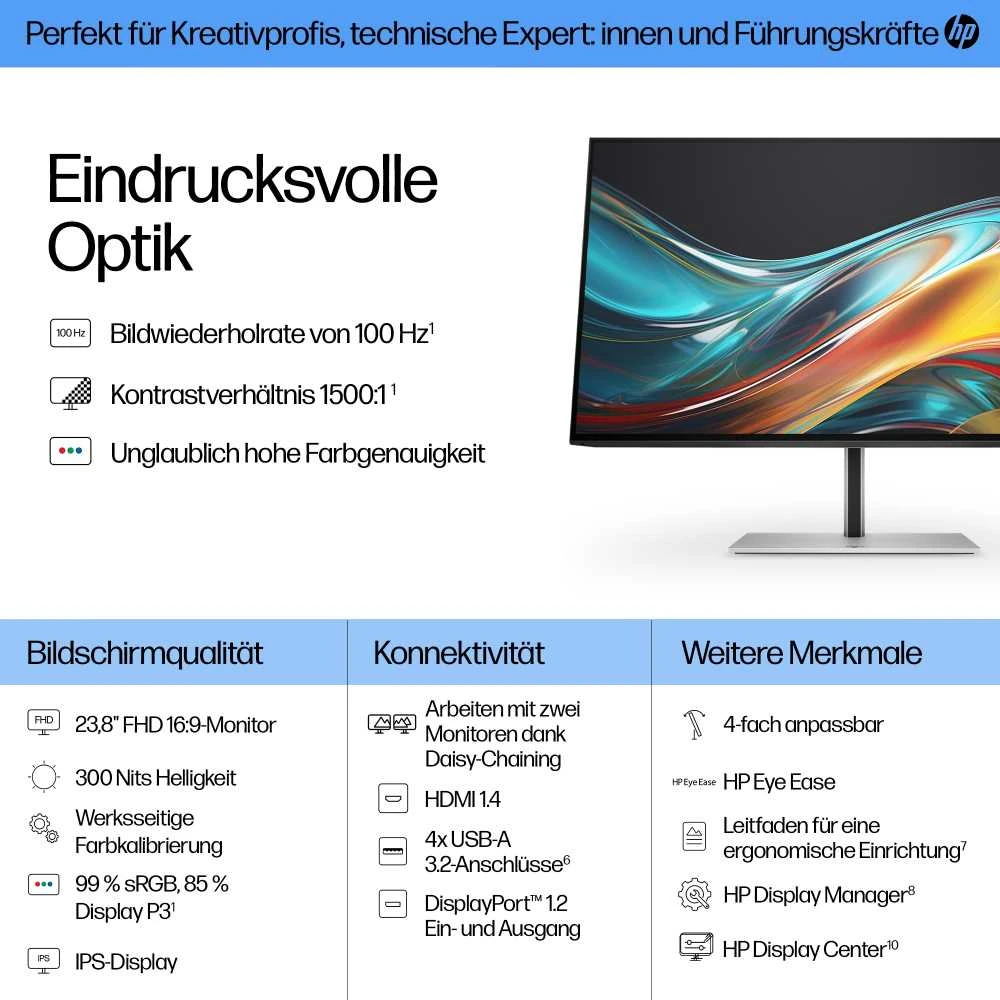 Hewlett Packard (HP) HP 724pf Series 7 Pro FHD monitorius – 23,8 colių 1920x1080 FHD 300 nitų 100 Hz AG, IPS, HDMI/DisplayPort Daisy-Chain, 4x USB-A, reguliuojamas aukštis / pakreipimas / pasukamas / sukamas, Z24 metai (pakeisti 3)