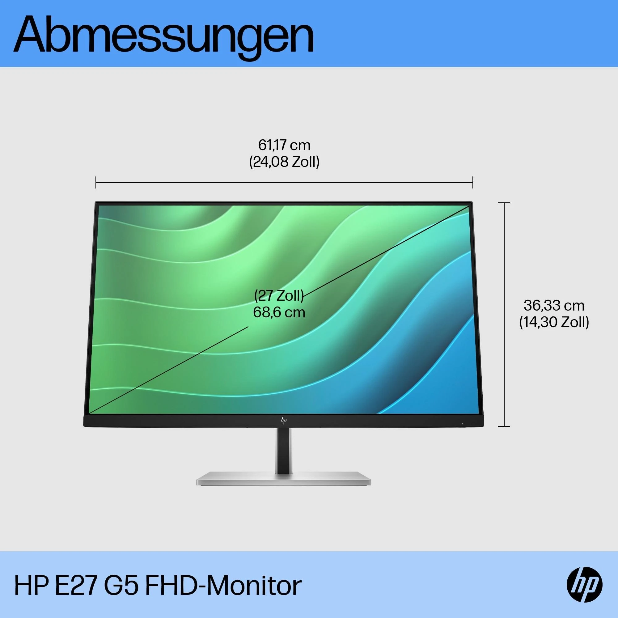 Hewlett Packard (HP) HP E27 G5 FHD monitorius – 27 colių 1920x1080 FHD 300 nitų 75 Hz AG, IPS, HDMI/DisplayPort, 4x USB-A, reguliuojamas aukštis / pakreipimas / pasukamas / pasukamas, 3 metai