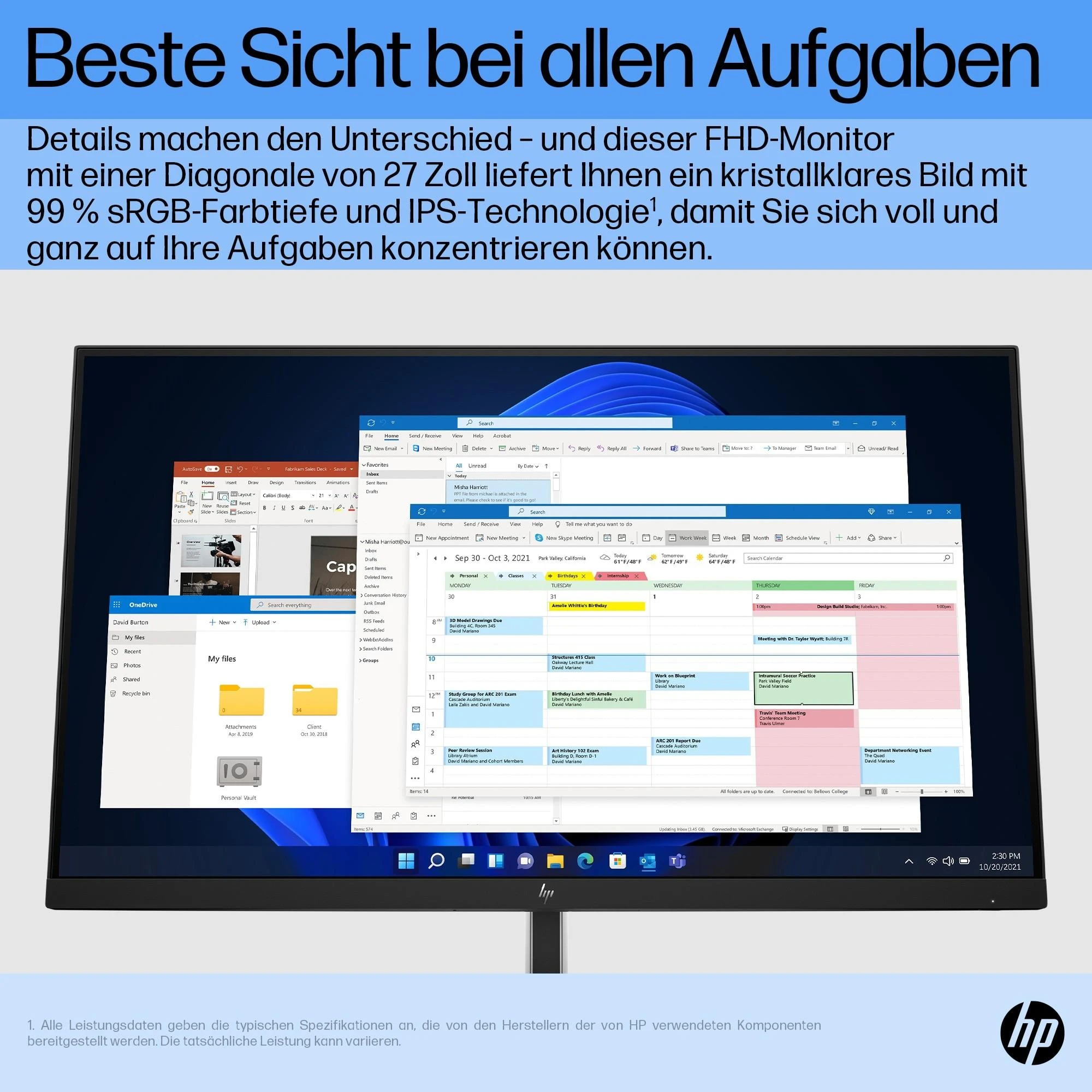 Hewlett Packard (HP) HP E27 G5 FHD monitorius – 27 colių 1920x1080 FHD 300 nitų 75 Hz AG, IPS, HDMI/DisplayPort, 4x USB-A, reguliuojamas aukštis / pakreipimas / pasukamas / pasukamas, 3 metai