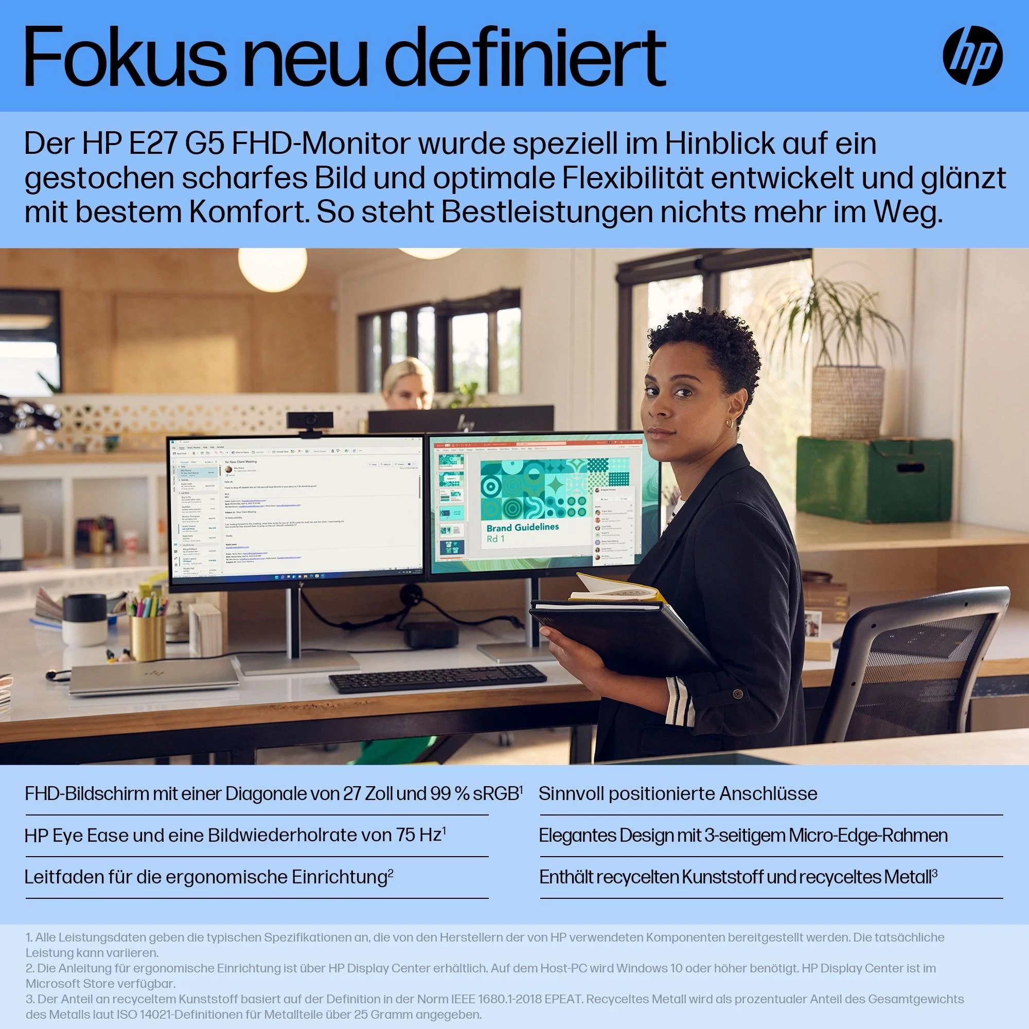 Hewlett Packard (HP) HP E27 G5 FHD monitorius – 27 colių 1920x1080 FHD 300 nitų 75 Hz AG, IPS, HDMI/DisplayPort, 4x USB-A, reguliuojamas aukštis / pakreipimas / pasukamas / pasukamas, 3 metai