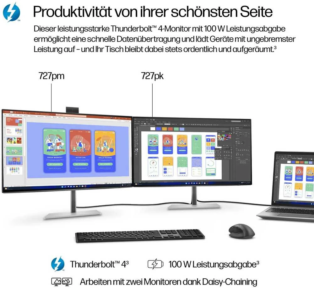 Hewlett Packard (HP) HP 727pk Series 7 Pro 4K TB4 įkrovimo monitorius - 27 colių 3840x2160 UHD 400 nitų 60Hz AG, IPS Juodas HDR 400, USB-C (100W/15W)/HDMI/DisplayPort Daisy-Chain, 5x USB-A, RJ-45 LAN, reguliuojamo aukščio / pakreipimo / pasukimo / sukimosi kampą, 3 metai (pakeičia Z27k G3)