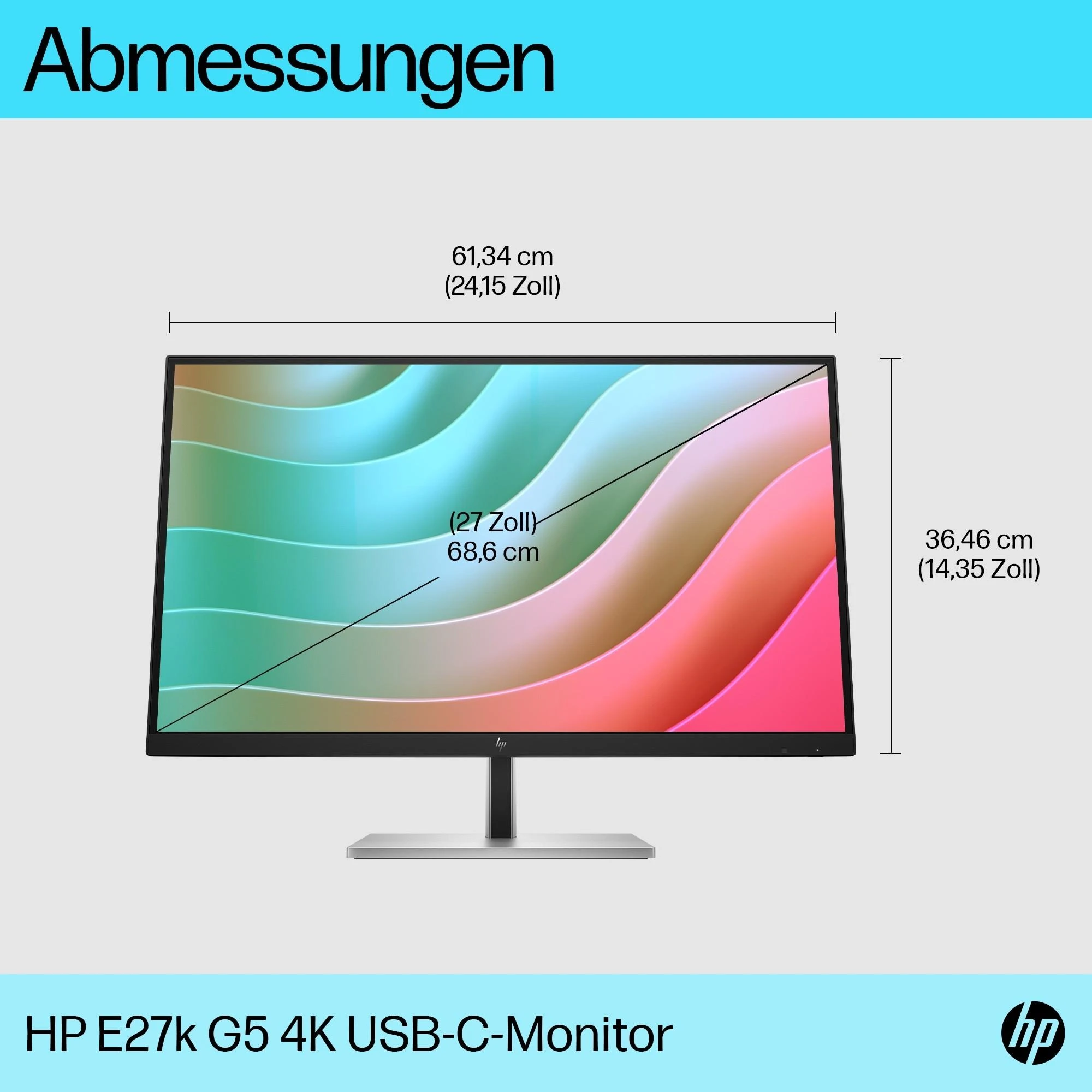 Hewlett Packard (HP) HP E27k G5 4K įkrovimo monitorius – 27 colių 3840x2160 UHD 350 nitų 60 Hz AG, IPS, USB-C(65W/15W)/HDMI/DisplayPort, 3x USB-A, garsiakalbiai, aukštis RJ-45 reguliuojamas / pakreiptas / pasukamas / pasukamas, 3 metai