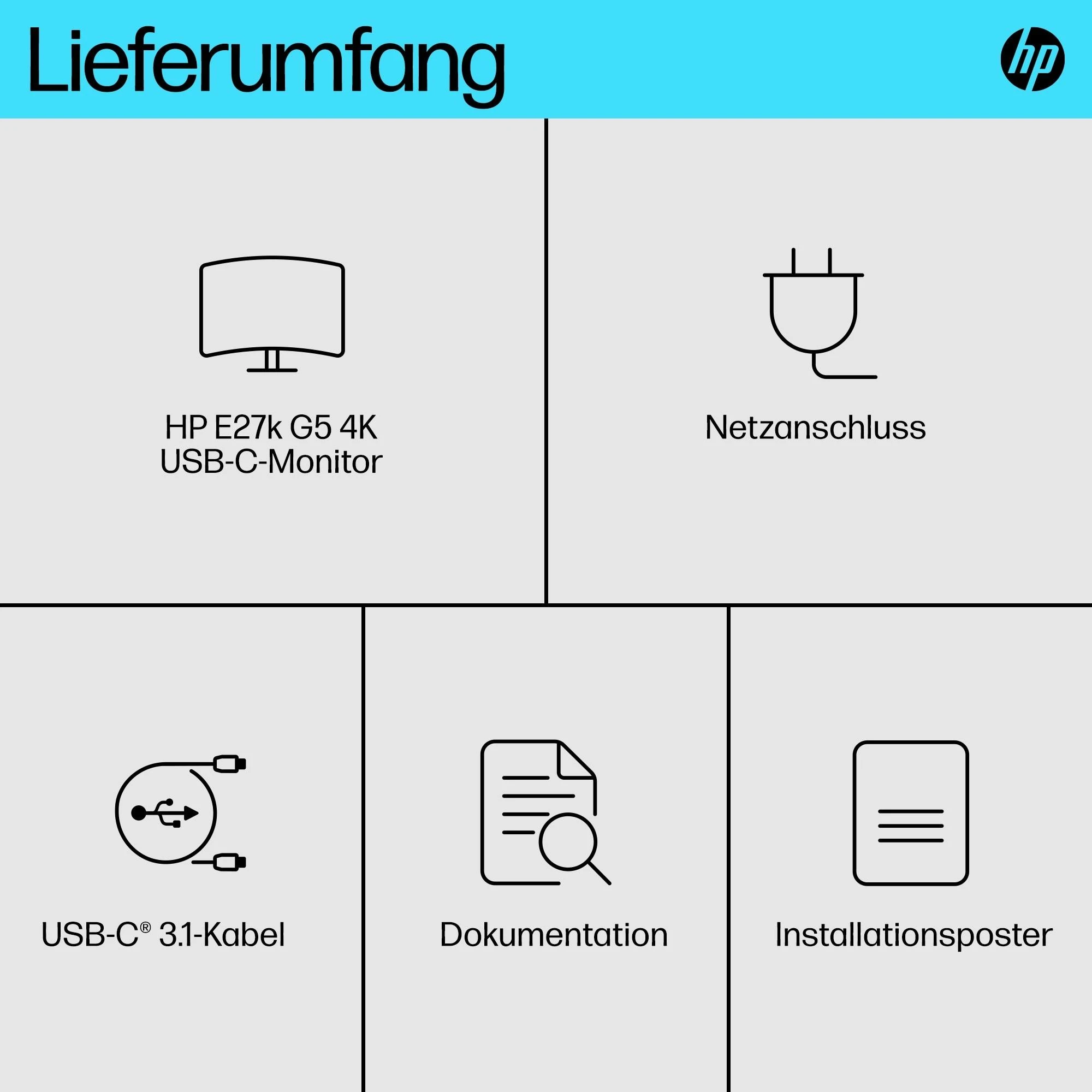 Hewlett Packard (HP) HP E27k G5 4K įkrovimo monitorius – 27 colių 3840x2160 UHD 350 nitų 60 Hz AG, IPS, USB-C(65W/15W)/HDMI/DisplayPort, 3x USB-A, garsiakalbiai, aukštis RJ-45 reguliuojamas / pakreiptas / pasukamas / pasukamas, 3 metai