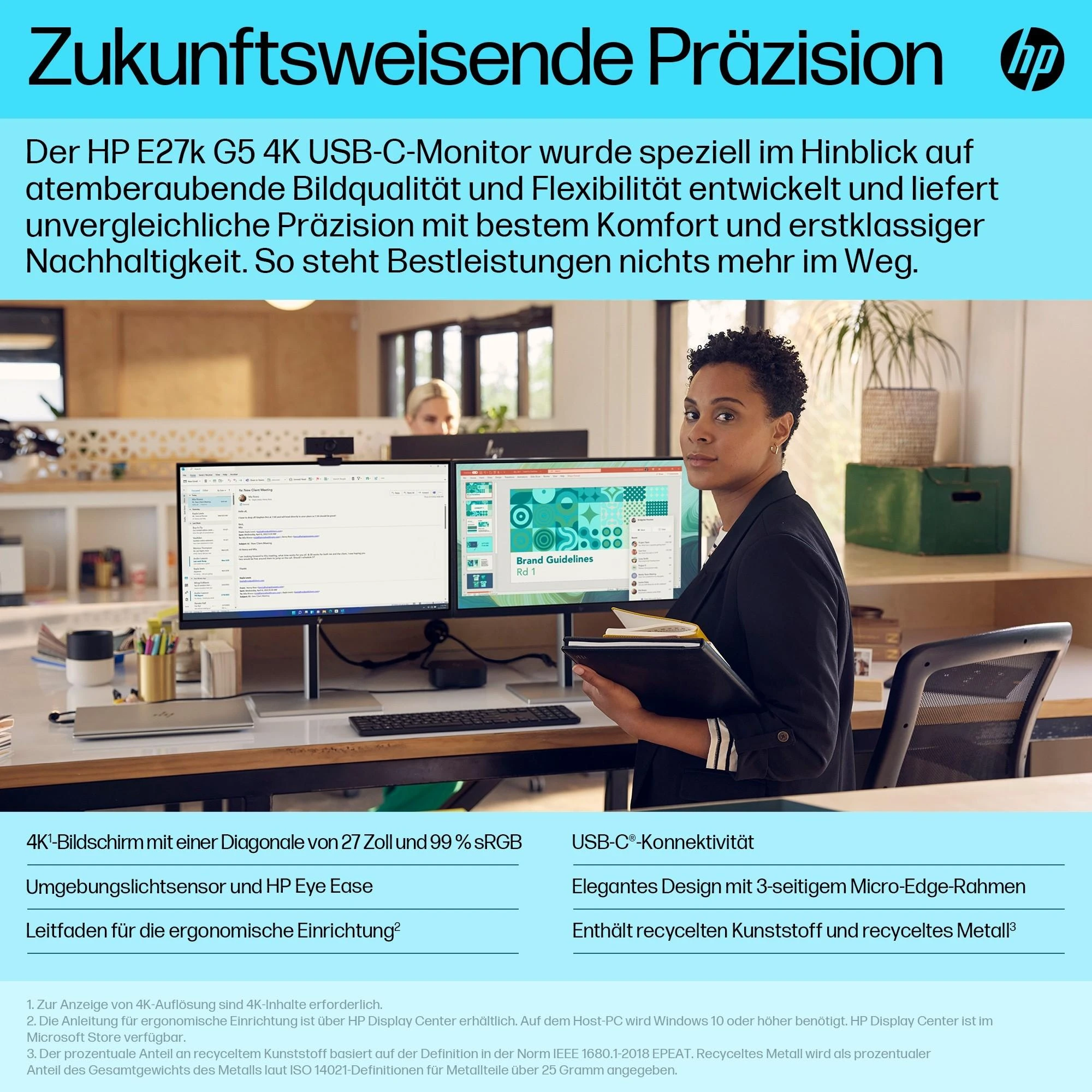 Hewlett Packard (HP) HP E27k G5 4K įkrovimo monitorius – 27 colių 3840x2160 UHD 350 nitų 60 Hz AG, IPS, USB-C(65W/15W)/HDMI/DisplayPort, 3x USB-A, garsiakalbiai, aukštis RJ-45 reguliuojamas / pakreiptas / pasukamas / pasukamas, 3 metai
