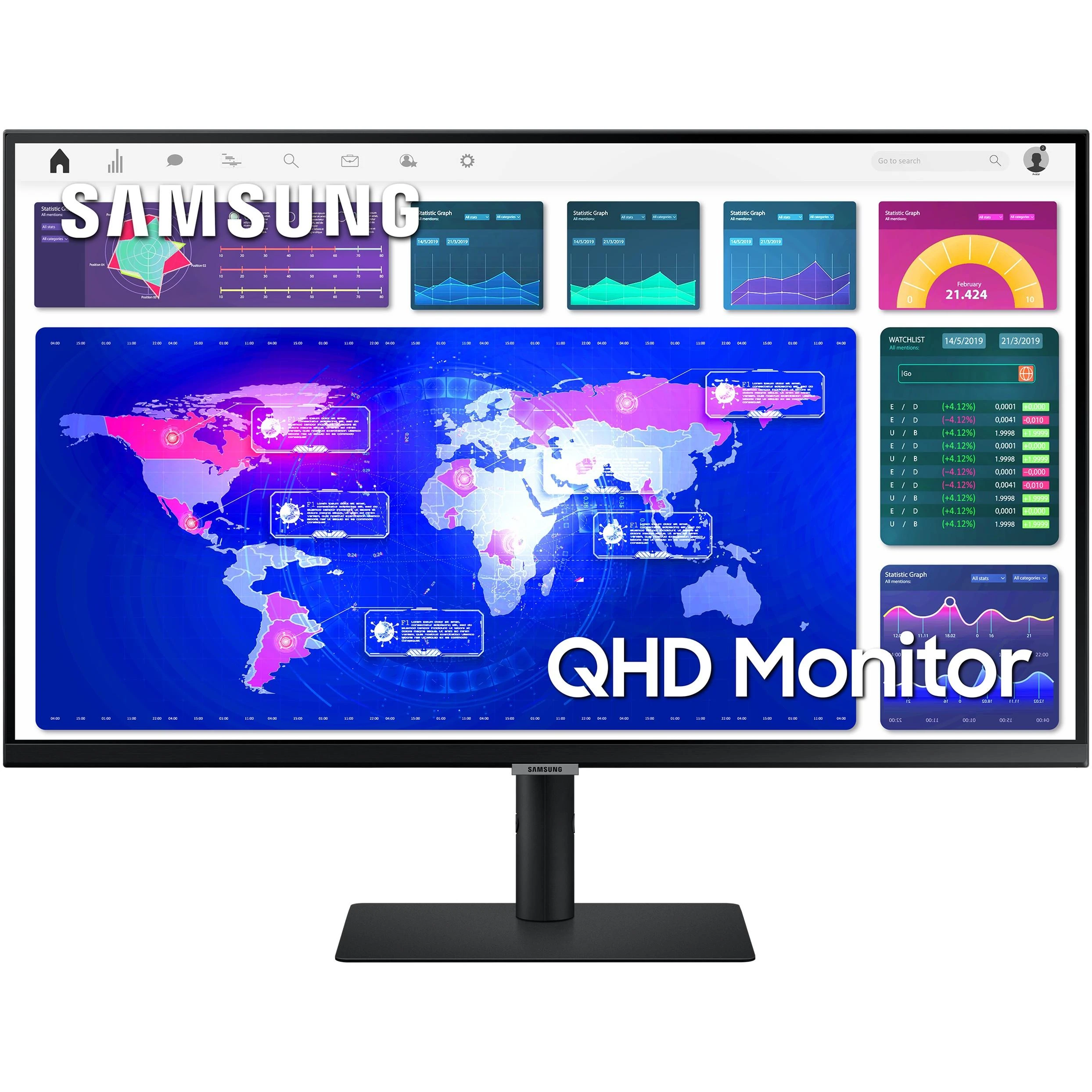 Monitorius „Samsung S32A600“ 32 colių berėmis ekranas, 16:9, 2560x1440, VA, 4 ms, HDR10, HAS / Pasukamas / Pakreipiamas, 130 mm, HDMI / DP, USB3.0 šakotuvas, VESA 100