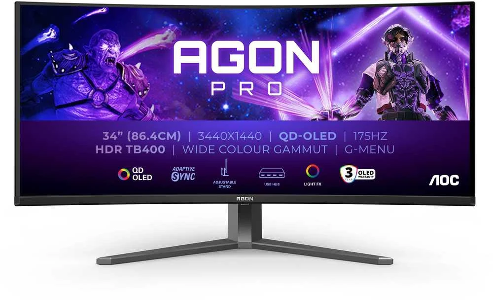 Monitorius AOC | AGON PRO AG346UCD | 34 " | OLED | WQHD | 21:9 | 175 Hz | 0.03 ms | 3440 x 1440 pikselių | 250 cd/m² | HDMI jungtys quantity 2