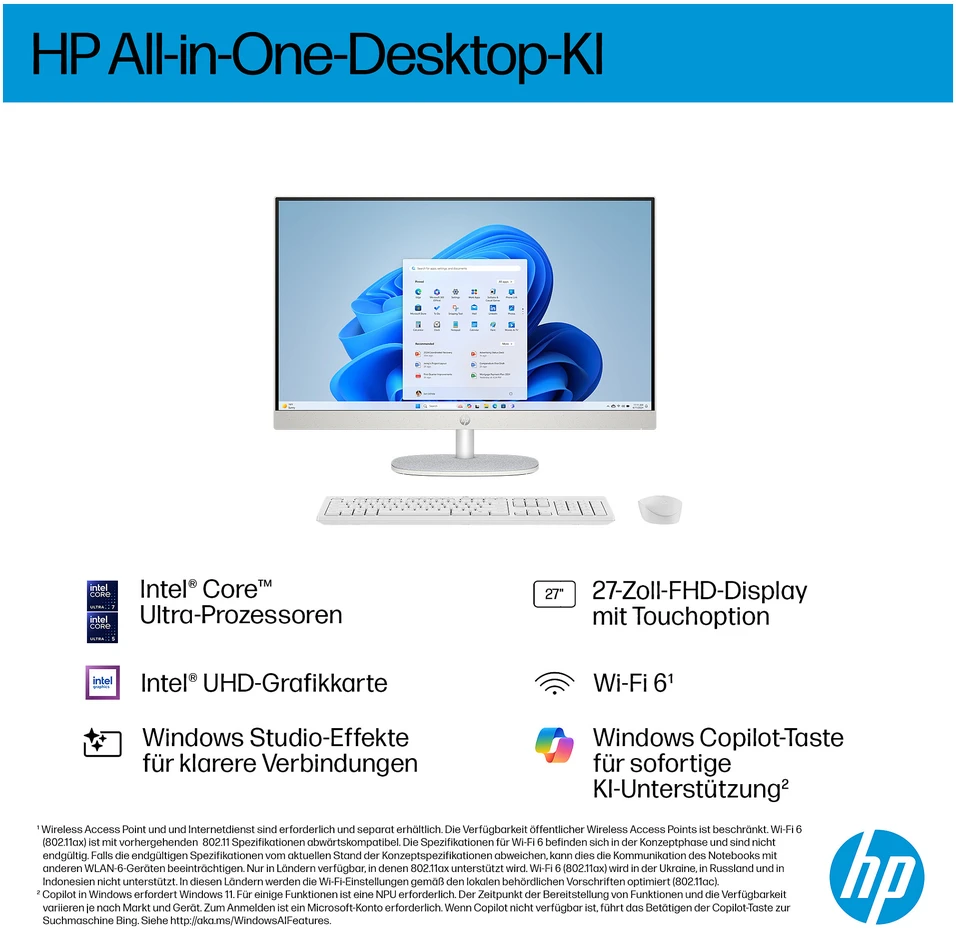 Monitorius HP „All-in-One“ kompiuteris 27-cr2155ng [68,5 cm (27 colių) FHD ekranas, „Intel Core Ultra 5 225U“, 16 GB RAM, 1 TB SSD, „Iris Xe“ grafika, „Windows 11“]