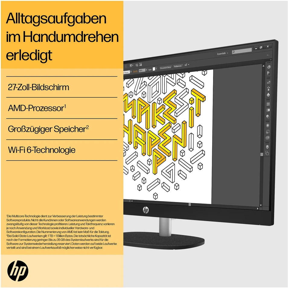 Stacionarus kompiuteris Hewlett Packard (HP) „HP All-in-One“ kompiuteris 27-cr0104ng [68,5 cm (27 colių) FHD ekranas, „Ryzen 7 7730U“, 16 GB RAM, 1 TB SSD, „Windows 11“]